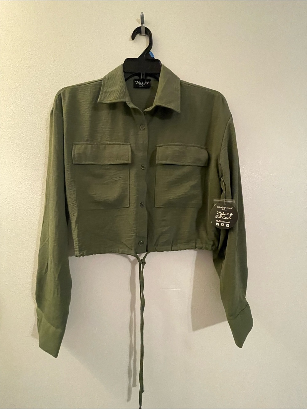 Cropped Olive Utility Button-Up Jacket with Drawstring